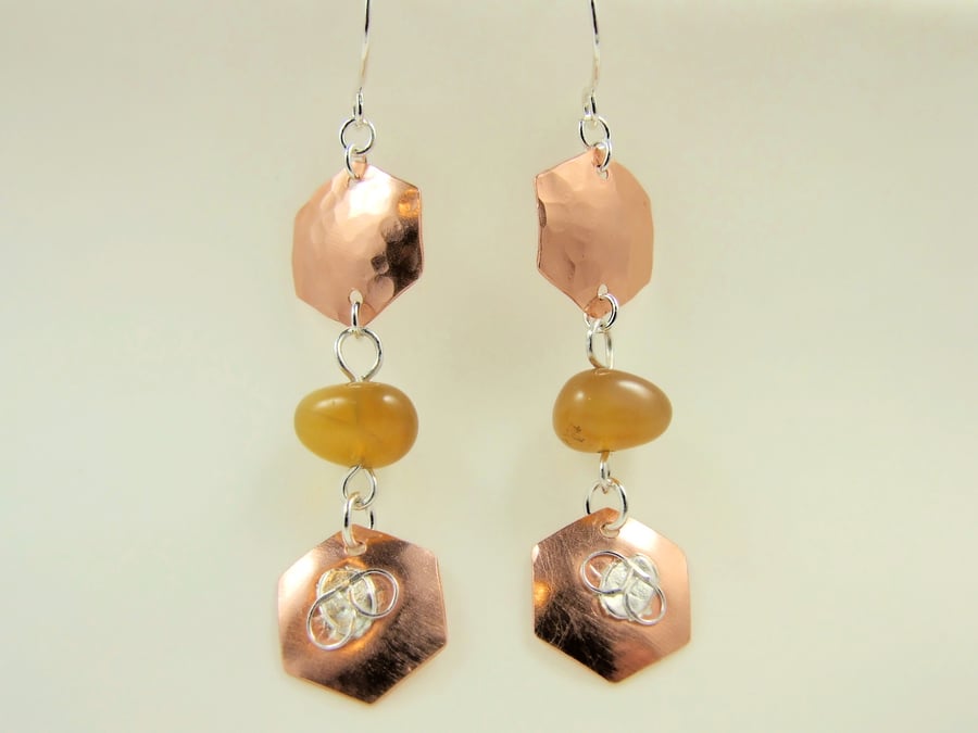 Honey Bee Earrings, Copper, Sterling Silver and Honey Opal Droppers