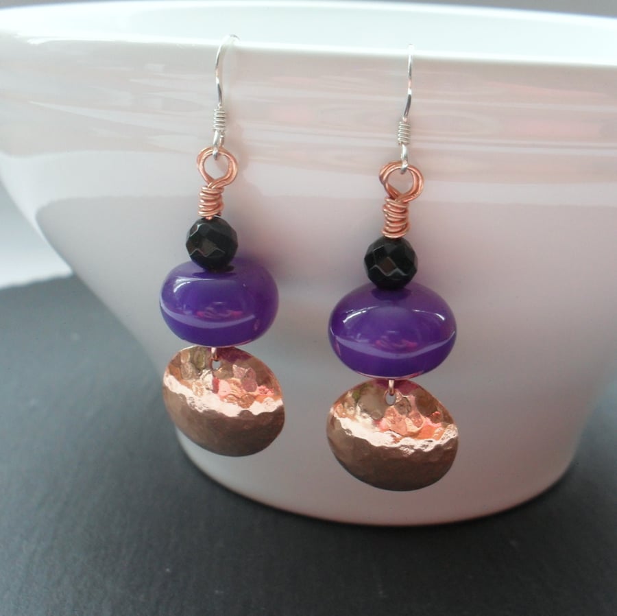 Copper and Agate Purple and Black Drop Earrings