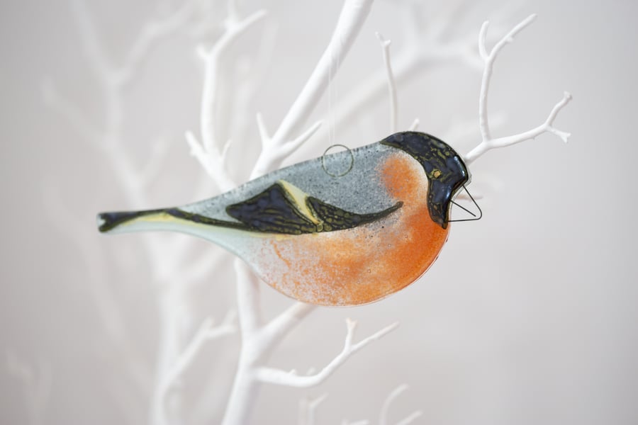 Bullfinch Garden Bird - Fused Glass Hanging - Sun Catcher - Wall Ornament