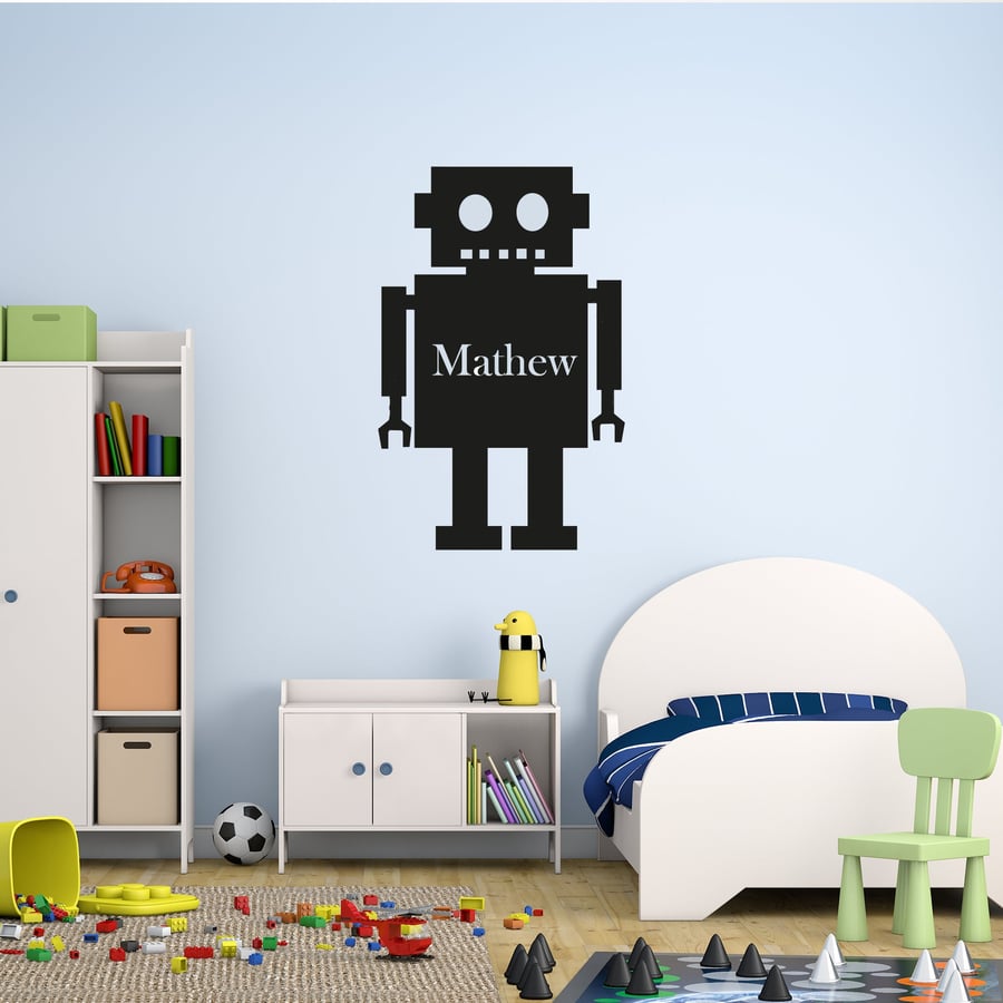 Personalised Name Robot Wall Sticker for Children Bedroom, Nursey, Baby Shower