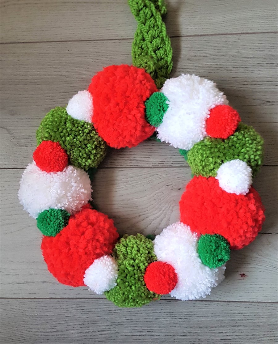 Red and Green and White Pom Pom Wreath 34cms 13inches