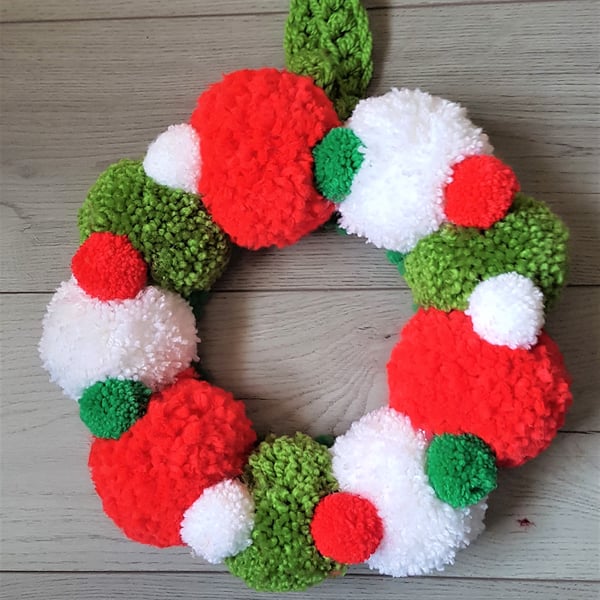 Red and Green and White Pom Pom Wreath 34cms 13inches