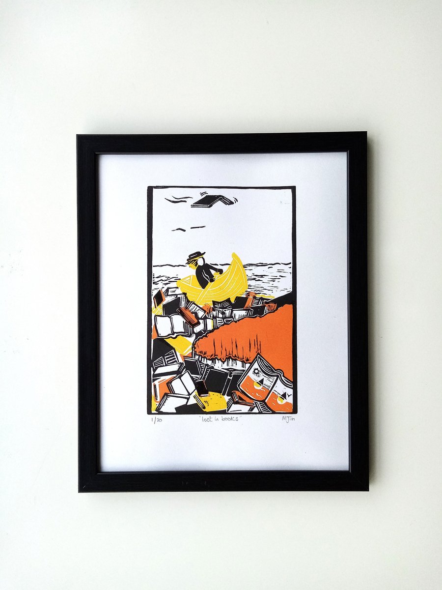 Handprinted Limited Edition Books Linoprint Bookworm Gift Unframed Original