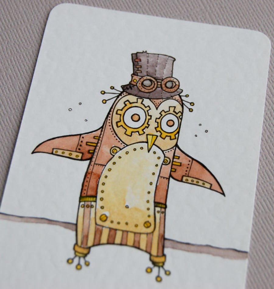 steampunk penguin - original aceo
