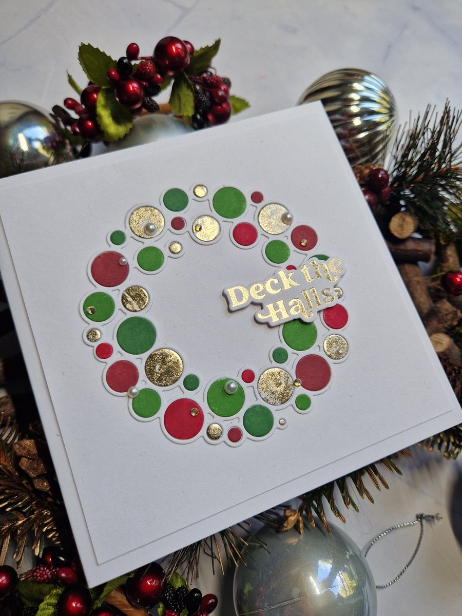 Festive bauble wreath Christmas card (green, red and gold)