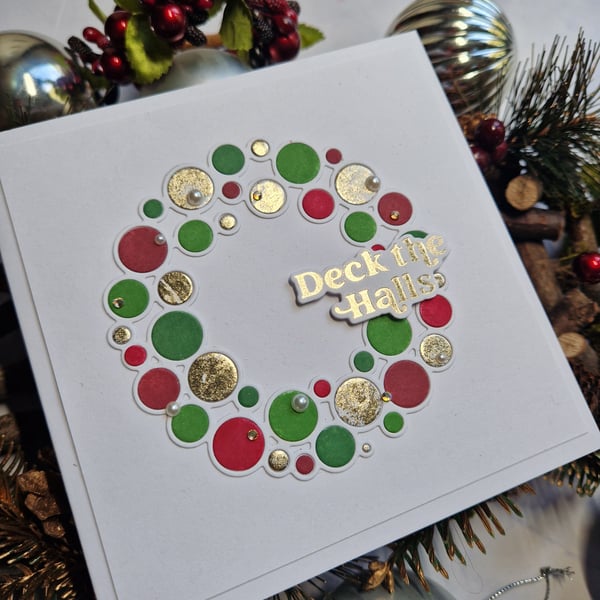 Festive bauble wreath Christmas card (green, red and gold)