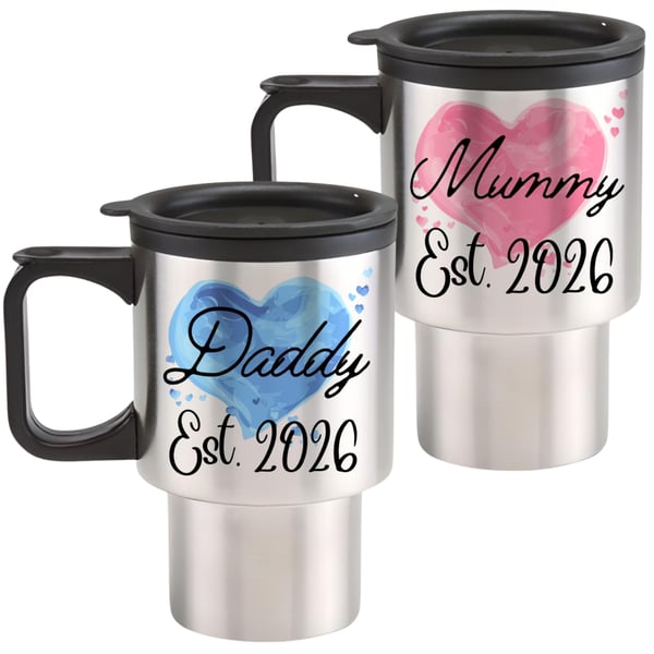 New Parents Couple Travel Mug Set of 2  Mummy Daddy Established 2026