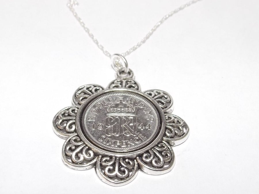 Floral Pendant 1944 Lucky sixpence 80th Birthday plus a Sterling Silver 18in Cha