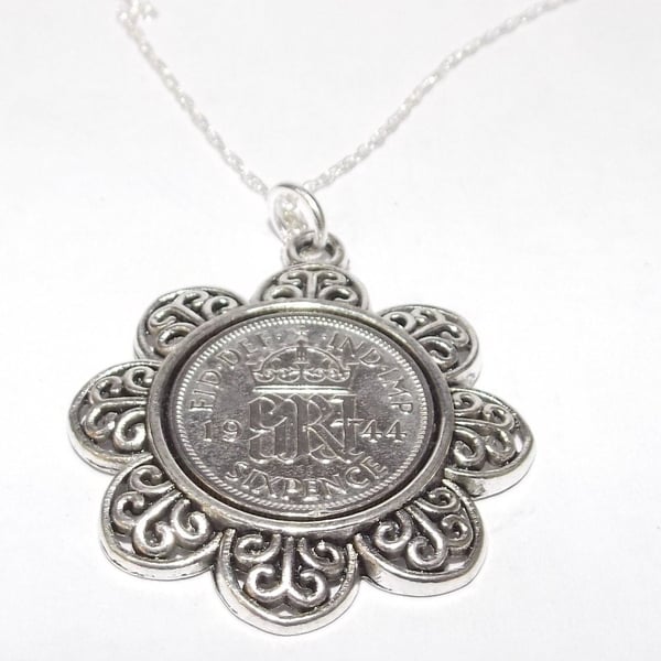 Floral Pendant 1944 Lucky sixpence 80th Birthday plus a Sterling Silver 18in Cha