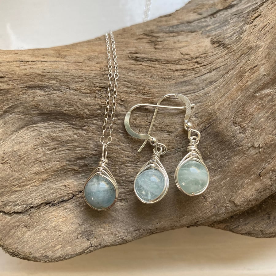 Aquamarine Necklace and Earrings Set, sterling silver