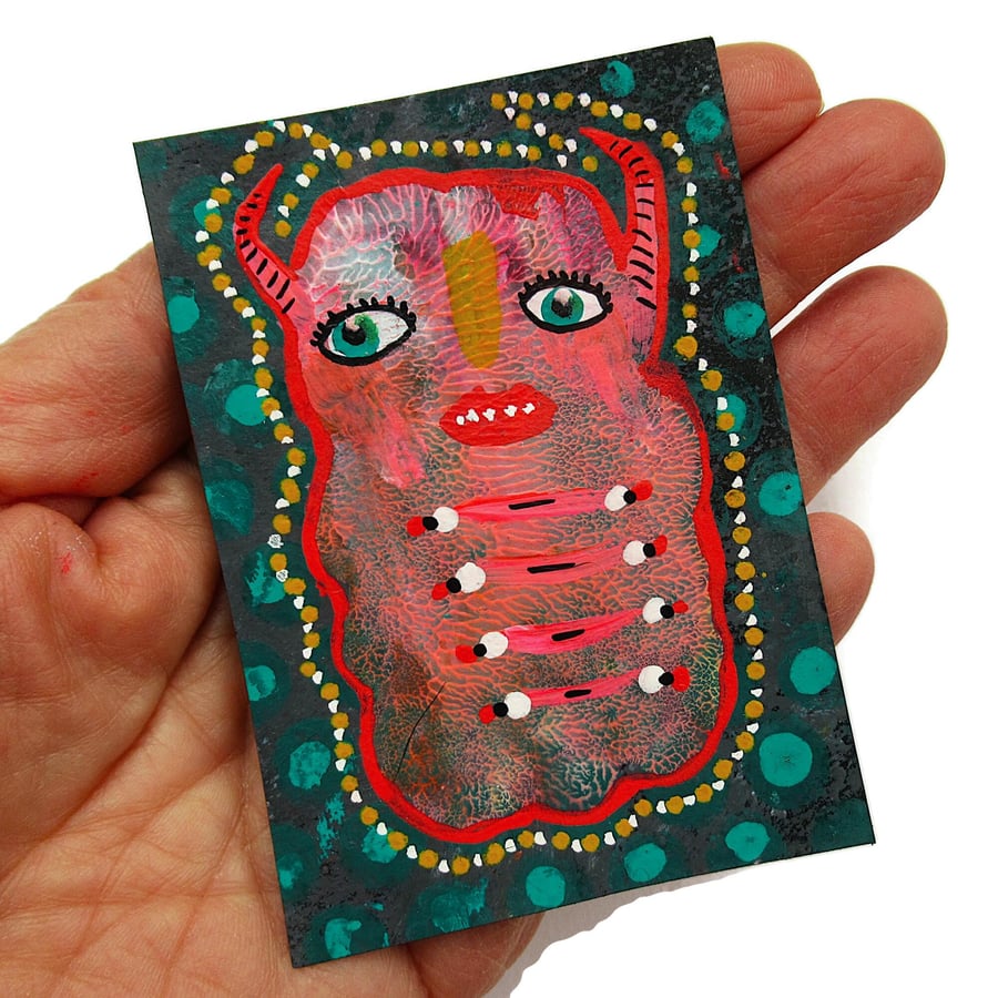 Cute Ugly Monster Painting Miniature ACEO Tiny Outsider Folk Art Creature