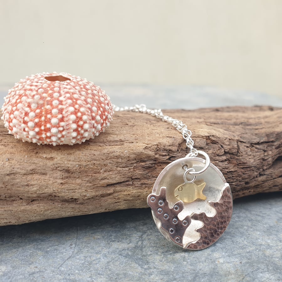 Silver domed under the sea coral and fish pendant