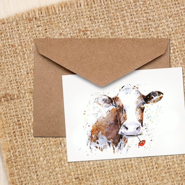 Poppy Cow GreetingNote Card.Dairy Cow cards,Dairy Cow note card, Dairy Cow Art g