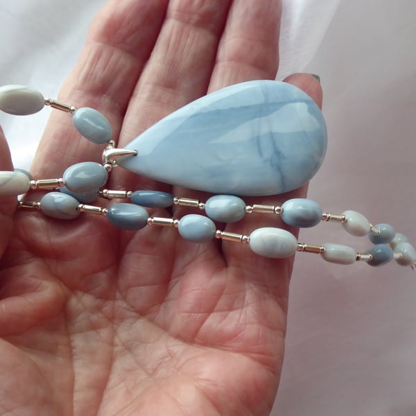 Blue Opal & Sterling Silver Beaded Necklace 18.75" long with 2" Teardrop Pendant