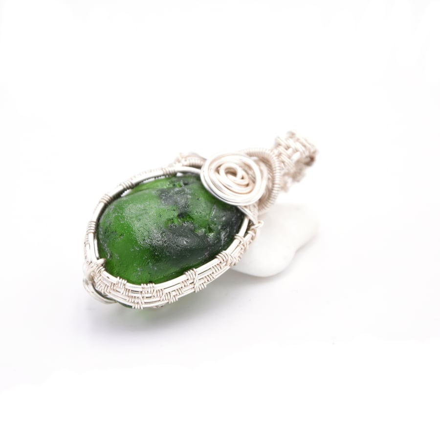 Pendant- wire wrapped seaglass, eco jewellery; recycled jewellery 