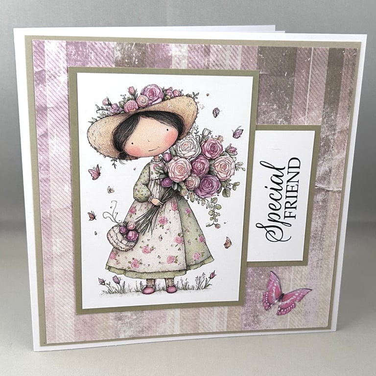 Girl with bouquet of roses Special Friend card