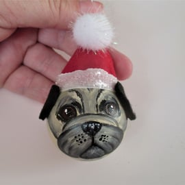 Pug Dog Christmas Tree Bauble Hanging Decoration Santa Hat