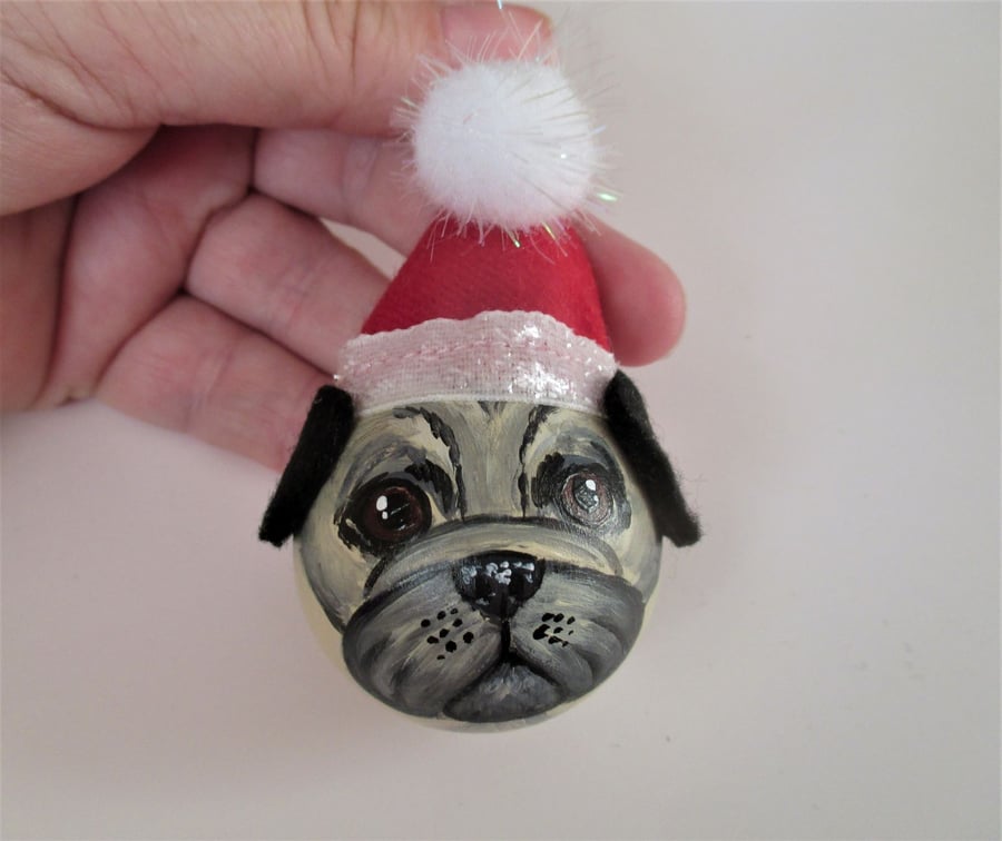 Pug Dog Christmas Tree Bauble Hanging Decoration Santa Hat