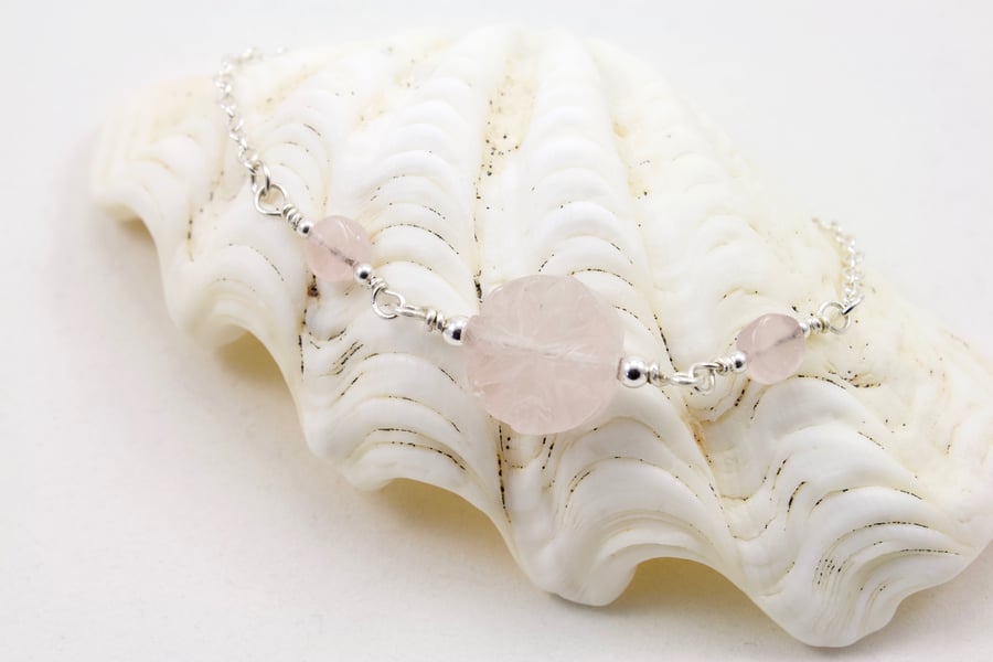 Rose Quartz Flower Bead Silver Bracelet