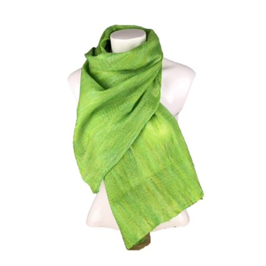 Merino wool on silk nuno felted scarf in green 