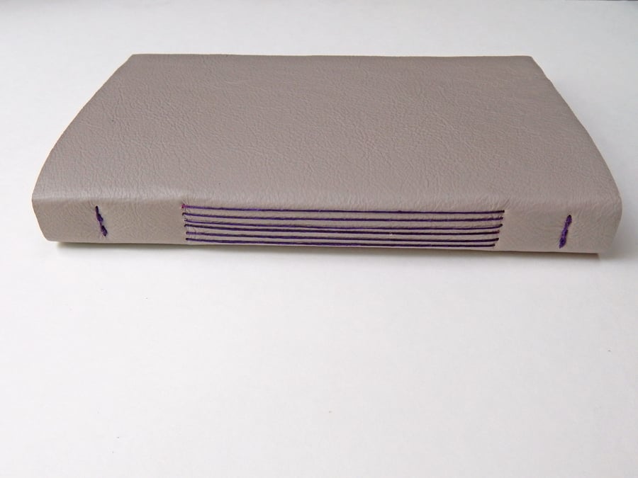 Leather Sketchbook Journal, Grey with Purple binding and lining paper 