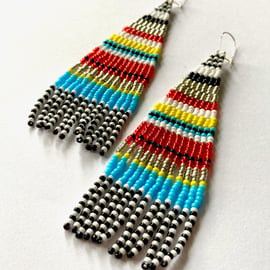 Stripe Long Fringed Beadwoven Earrings