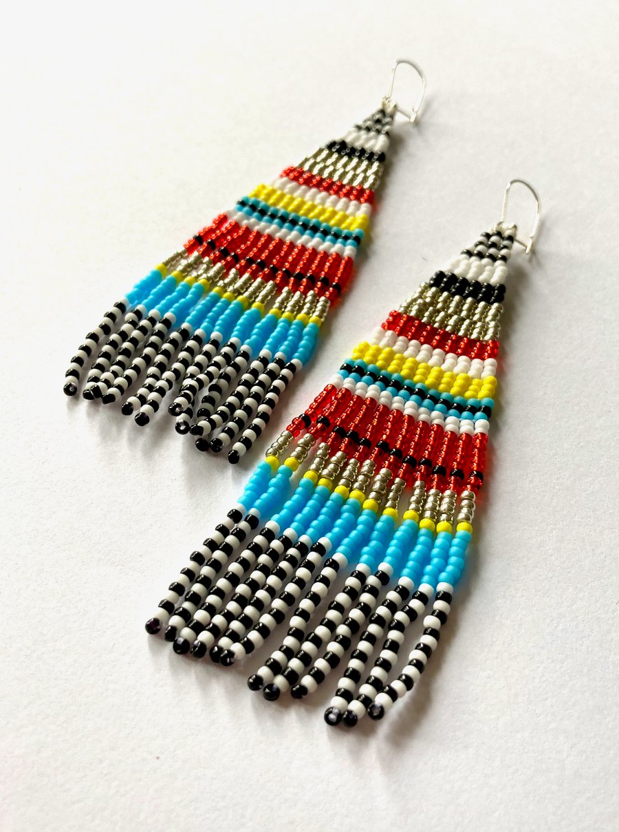 Stripe Long Fringed Beadwoven Earrings