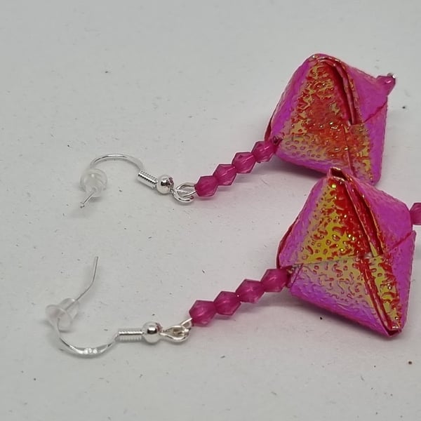 Origami earrings:  red, pink iridescent paper and small beads 