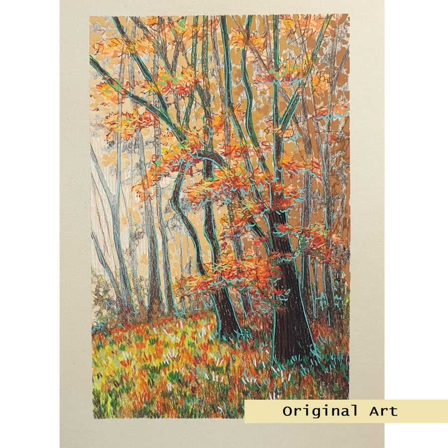Autumn Woodland original drawing, landscape illustration, wall art