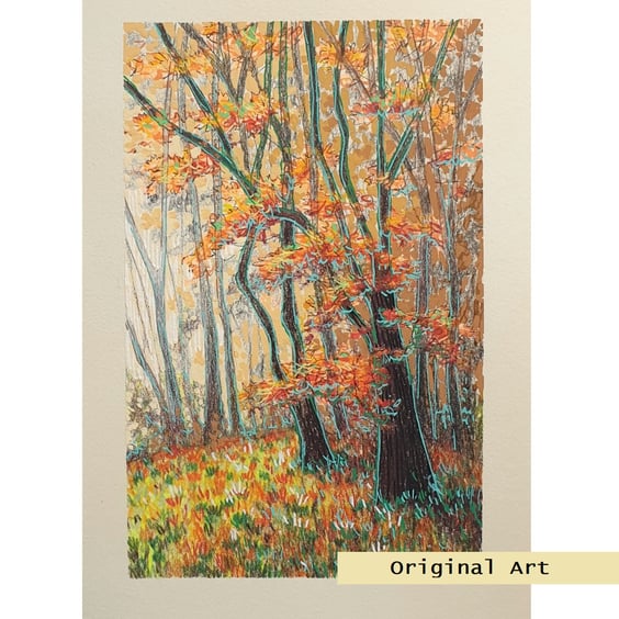 Autumn Woodland original drawing, landscape illustration, wall art