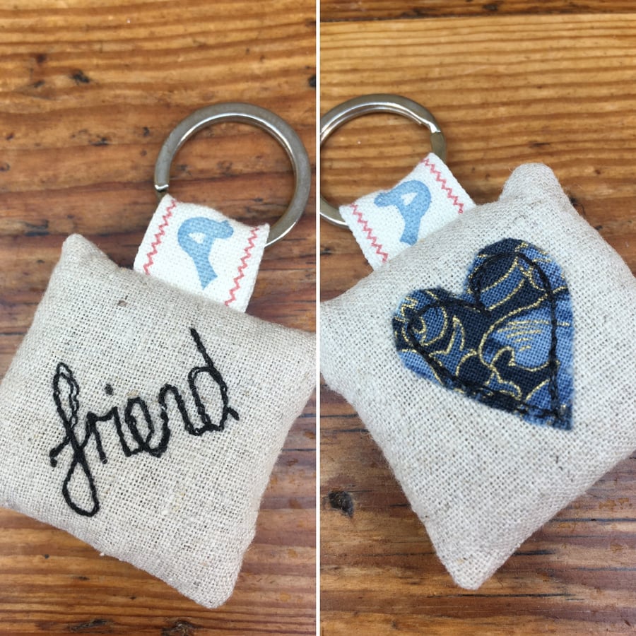 Friend heart keyring, linen and lavender embroidered key ring