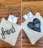 Friend heart keyring, linen and lavender embroidered key ring - Image 1