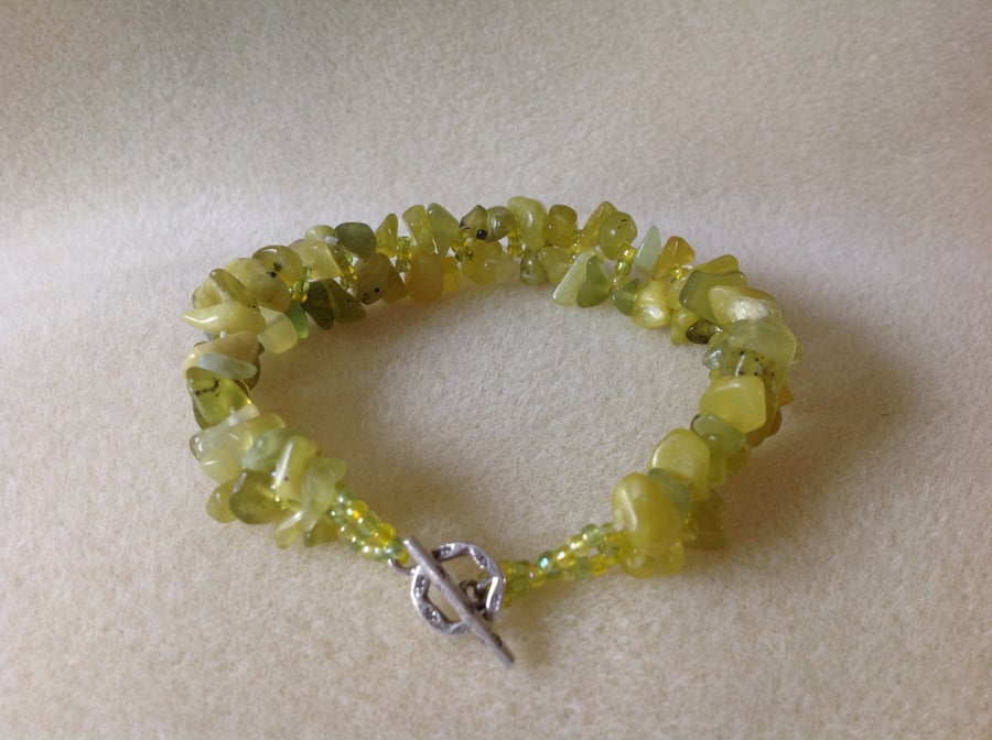 Green gemstone woven sterling silver bracelet (Silver serpent)