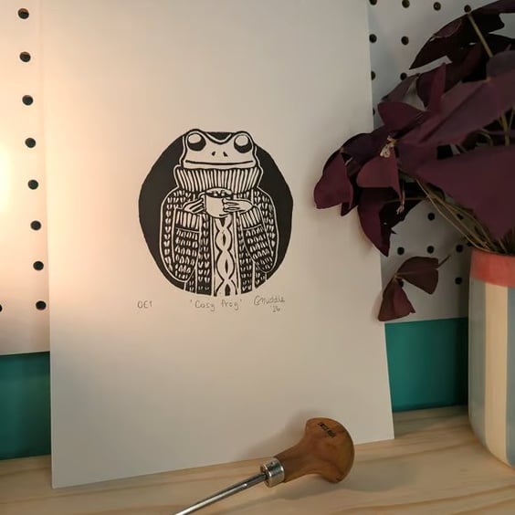 Cosy Frog Lino Print 