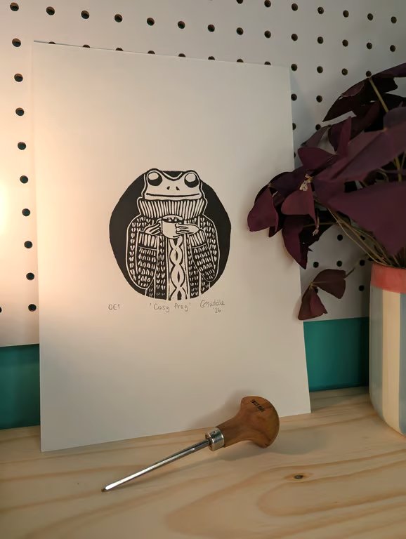 Cosy Frog Lino Print 