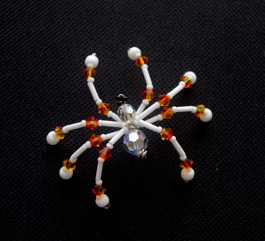 Beaded Christmas Spider Decoration. AB Tangerine & White Christmas Spider