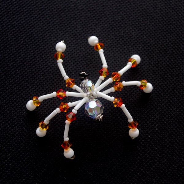 Beaded Christmas Spider Decoration. AB Tangerine & White Christmas Spider