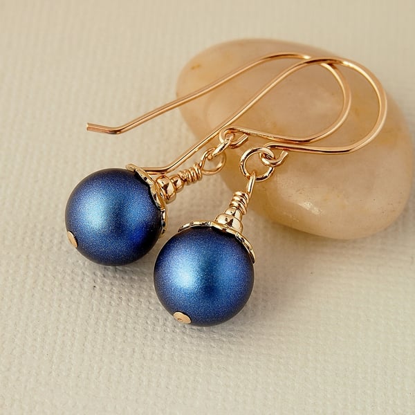Bright Blue Pearl Earrings - Gold Earrings