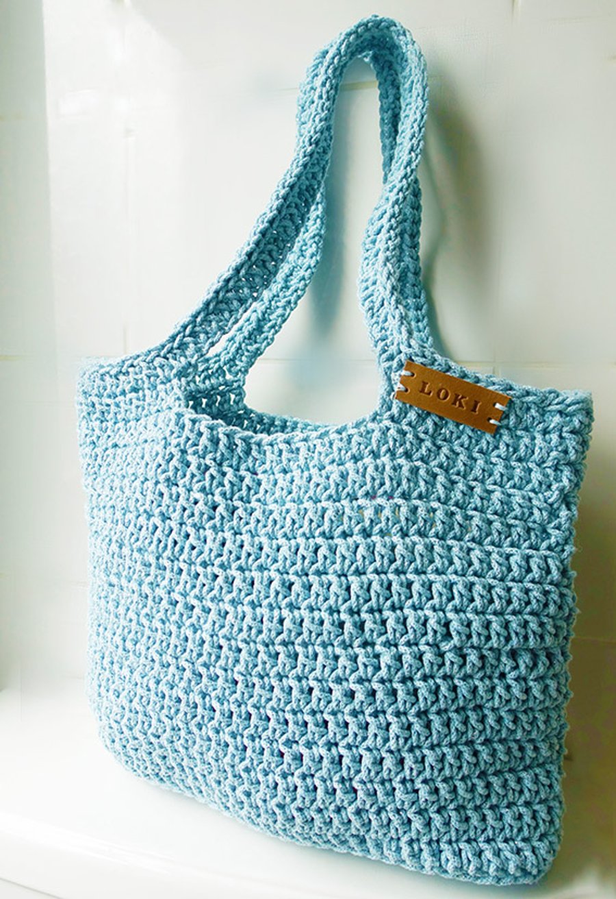 Tote Bag Hand Crochet Cotton Sturdy Misty Silverly Bobbiny Yarn