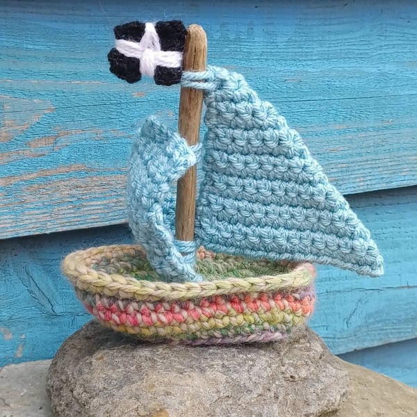 Wonky Cornish Crochet and Driftwood Boat Sea Ooak 