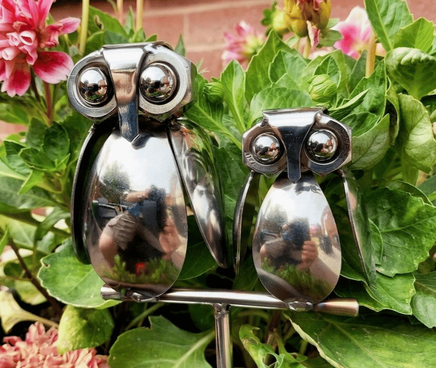 Mother & Baby Owl. Handcrafted Pair of Owls. Upcycled Cutlery Art.