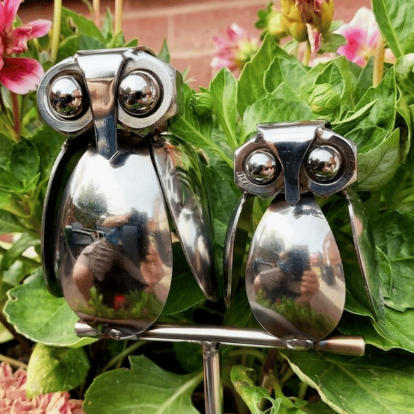 Mother & Baby Owl. Handcrafted Pair of Owls. Upcycled Cutlery Art.