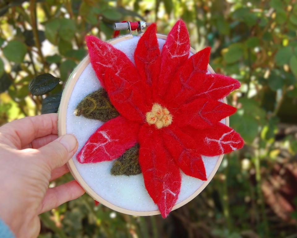 Poinsettia, wool art picture, wool fabric, needle felted 