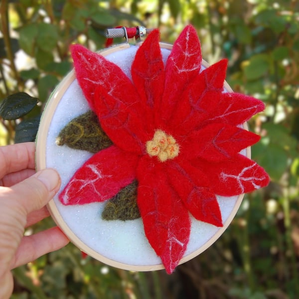 Poinsettia, wool art picture, wool fabric, needle felted 