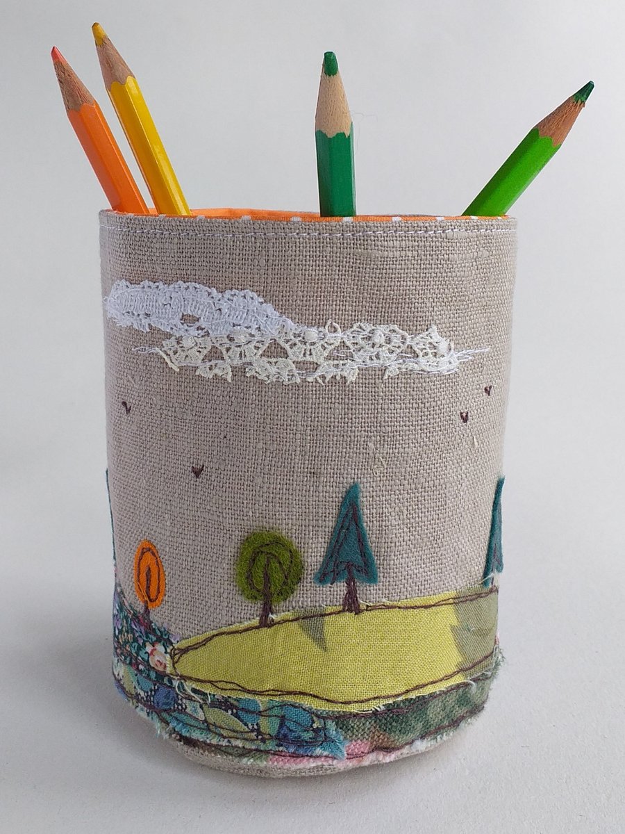 Fabric Pencil Pot with Embroidered Landscape