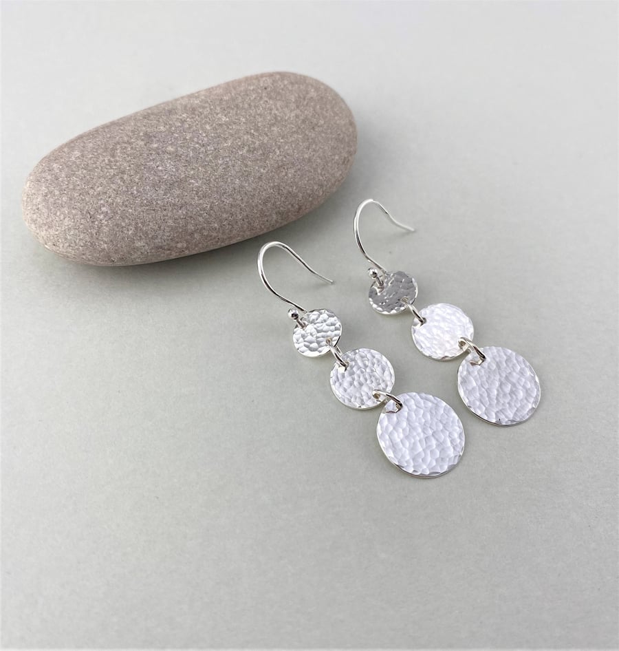 Hammered Sterling Silver Triple Circle Dangle Earrings