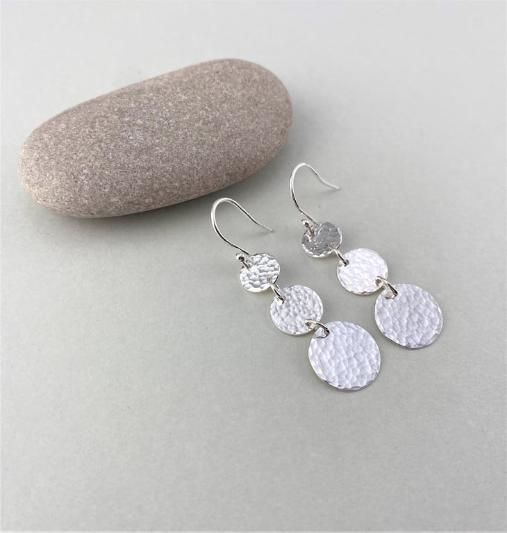 Hammered Sterling Silver Triple Circle Dangle Earrings