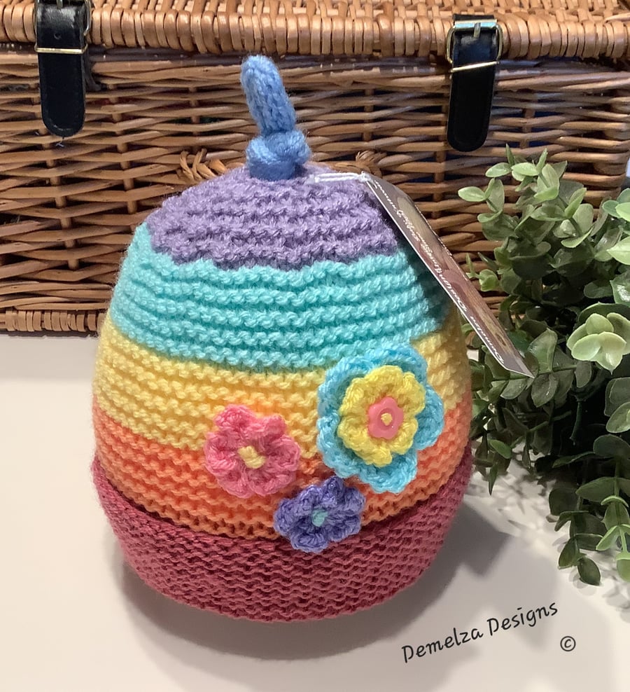 Girl's Knitted Rainbow Flower Beanie Hat 1 - 2 Years Size