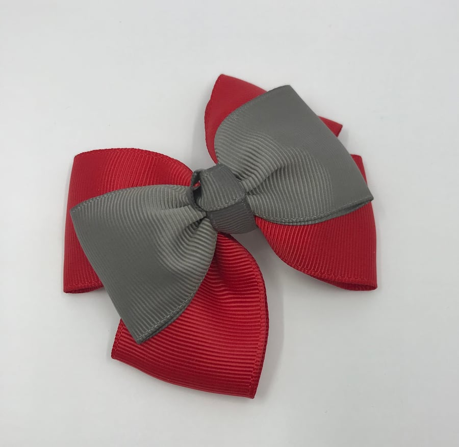 School Red and Grey Top Knot Bow on Clip