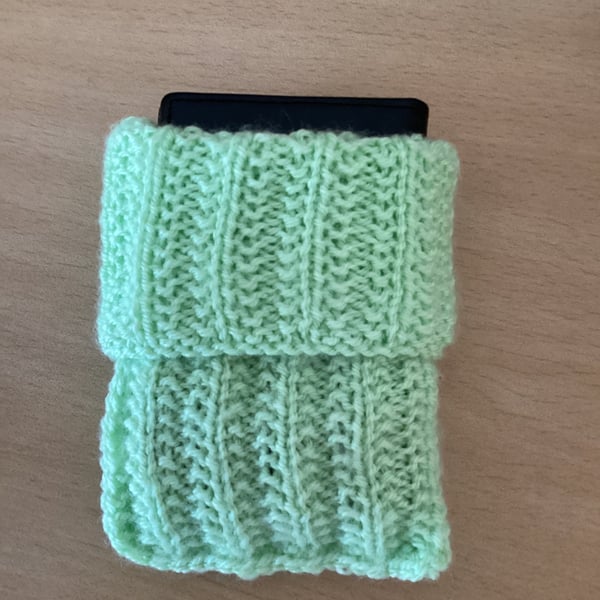 MOBILE PHONE SLEEVE 8x3.5"or 20x9cm HAND KNITTED IN GREEN YARN